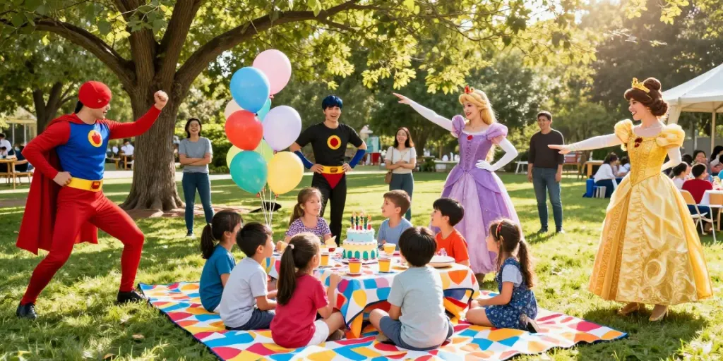 Exciting party characters for hire entertain children at a birthday celebration.