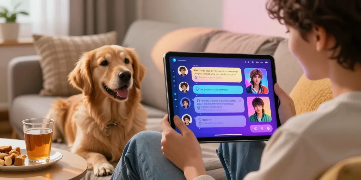 Engaging AI chat nsfw experience on tablet featuring vibrant character interactions and cozy home setting