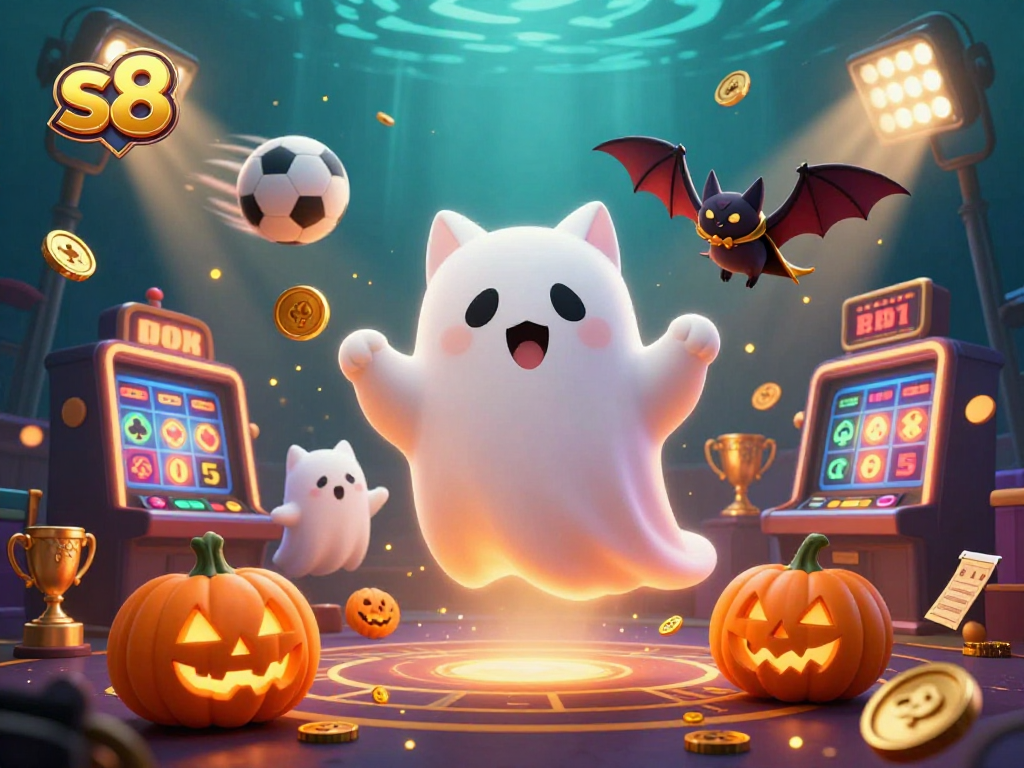 Experience the thrill of gambling at S8 with a ghost cat and vampire bat in a haunted casino scene.
