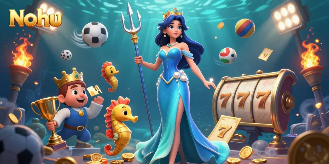 Nohu highlights a captivating jackpot scene with a glowing pearl and dynamic gaming elements like slot reels and sports balls.