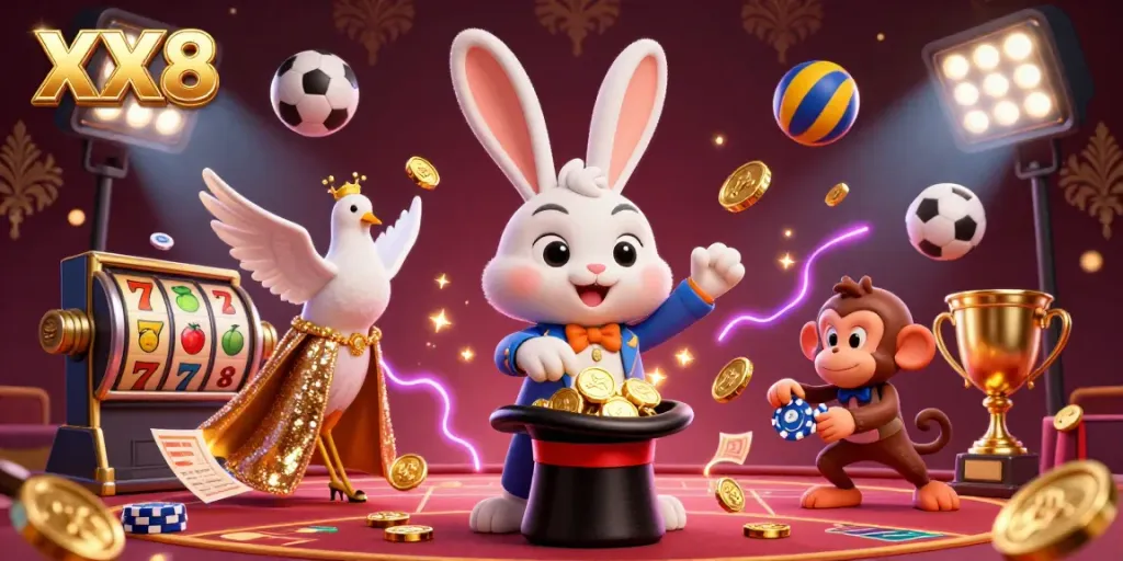 Experience the thrill of casino gaming with XX8, featuring a magical rabbit and vibrant character action.
