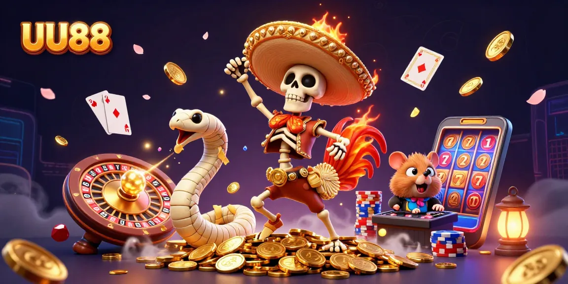 Engage in thrilling gameplay with UU88, featuring a mariachi rooster on golden coins surrounded by casino excitement.