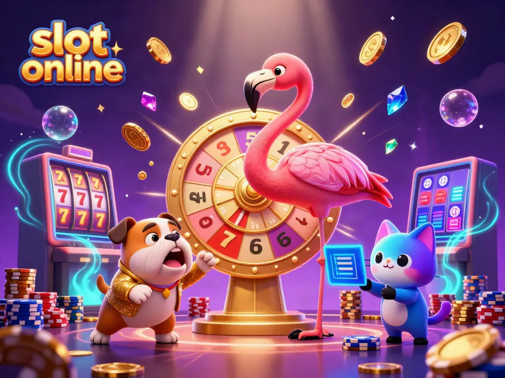 Spin the giant prize wheel in this vibrant scene of slot online excitement with animated 3D characters.