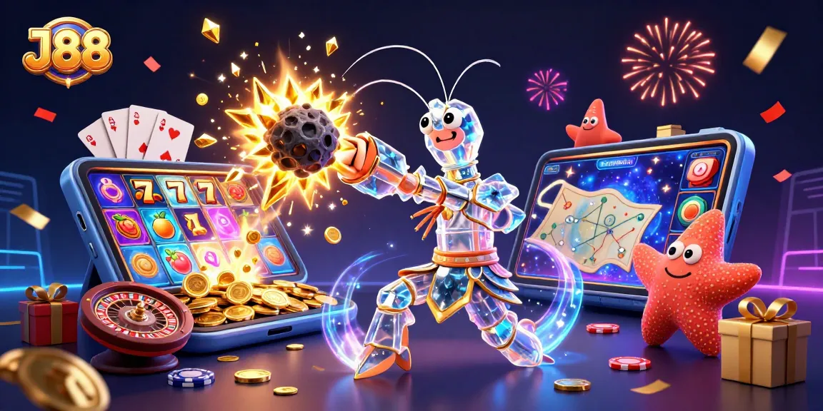 Experience the excitement of J88 with a galactic samurai shrimp amidst exploding gems and vibrant casino elements.