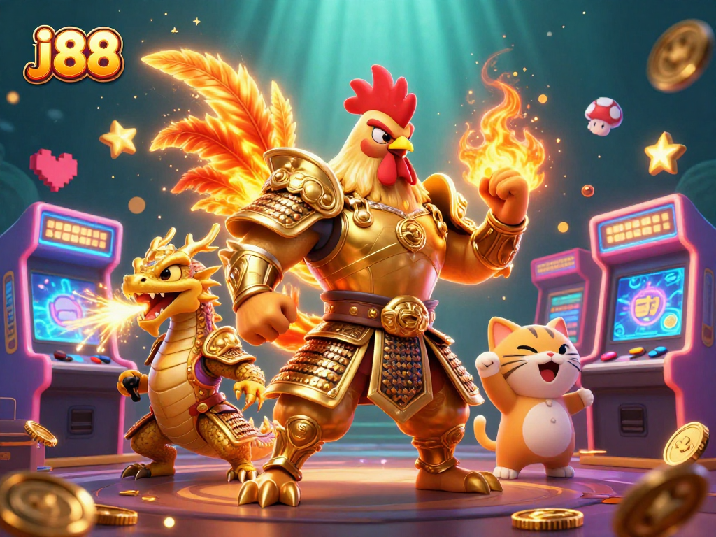 Join the j88 gaming adventure with a vibrant scene showcasing a fighting rooster and dragon hatchling amid colorful game elements, highlighting casino excitement.