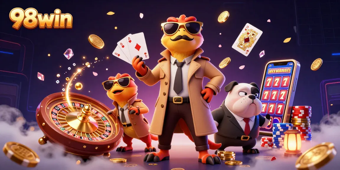 98win showcases a playful scene of raptors in a trench coat trying to enter a casino, amidst cascading gems and coins.