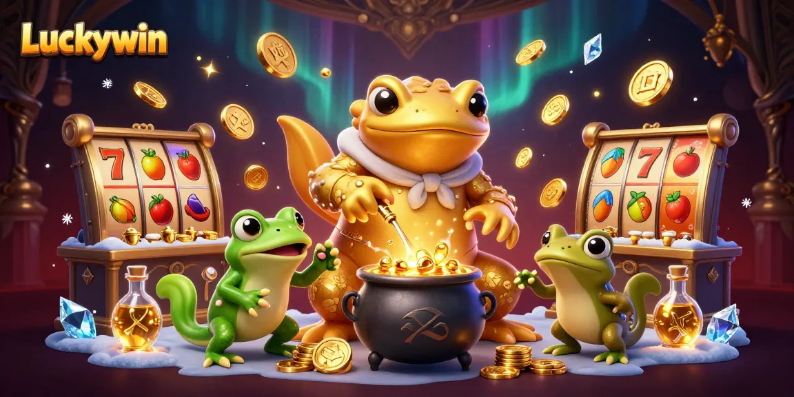 Experience Luckywin through a captivating 3D illustration of a golden salamander alchemist creating gold, surrounded by slot elements and vibrant casino action.
