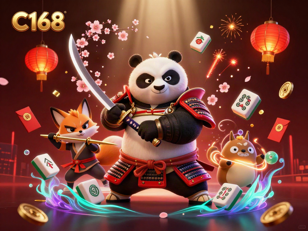 C168 immersive casino scene featuring samurai panda and ninja fox enhancing your gambling experience.