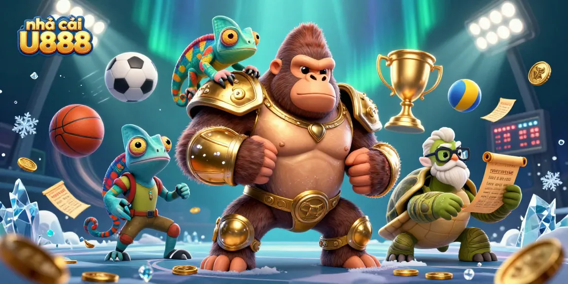 Engage with nhà cái U888's dynamic 3D casino scene featuring a powerful gorilla king with a chameleon and tortoise, surrounded by vibrant sports action.
