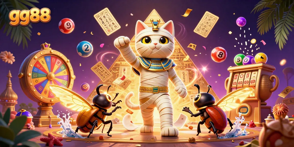 Experience the excitement of gg88 with a vibrant scene of a mummy cat in a casino.