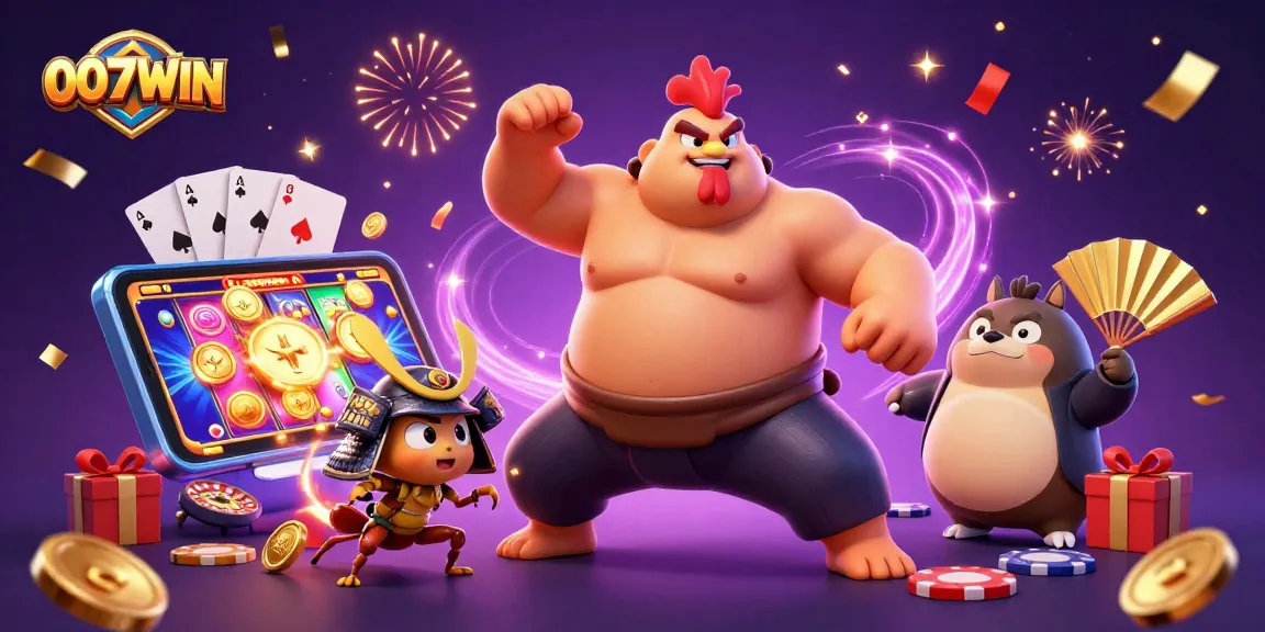 Experience the thrill of 007WIN with a powerful sumo wrestler rooster and lively casino elements delivering excitement.
