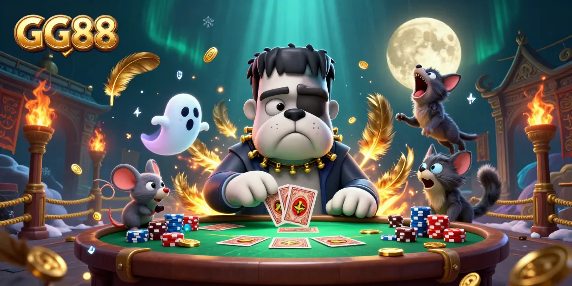 GG88 offers a thrilling casino atmosphere with a Frankenstein bulldog dealer, engaging players in games.