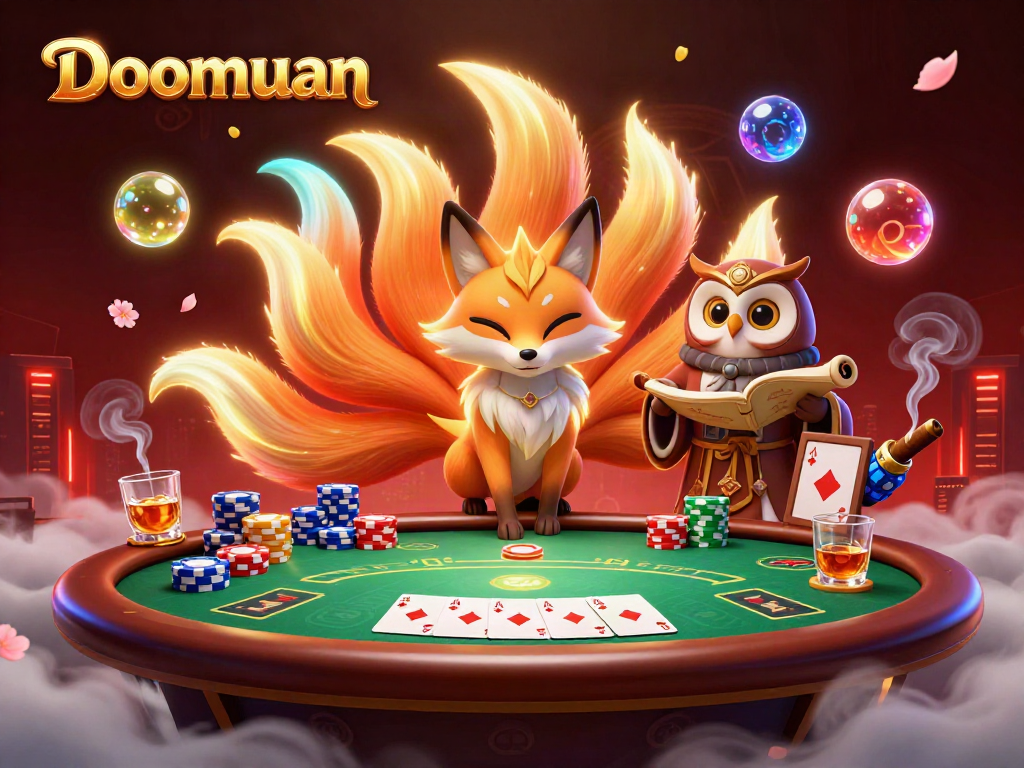 Doomuan reveals an enchanting 3D scene of a glowing nine-tailed fox spirit with poker chips and cards.