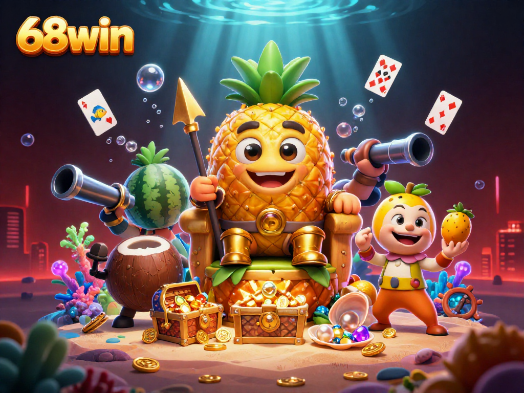 Experience thrilling games at 68win with the magical casino-themed illustration showcasing vibrant 3D characters and treasures.