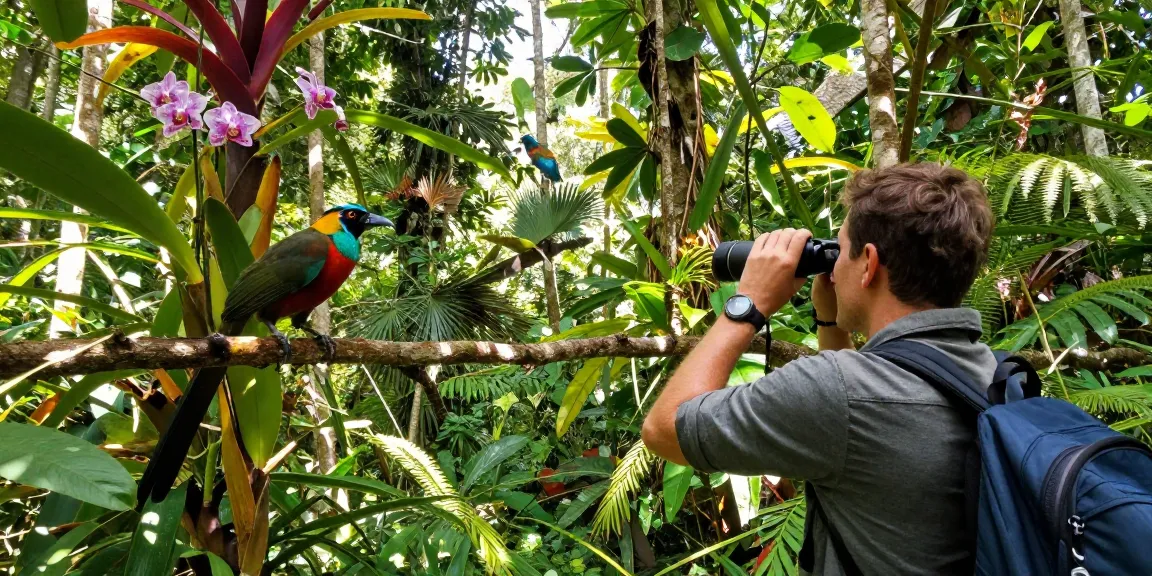 Explore Indonesia's biodiversity with rokok88, showcasing vibrant flora and fauna in a lush rainforest.
