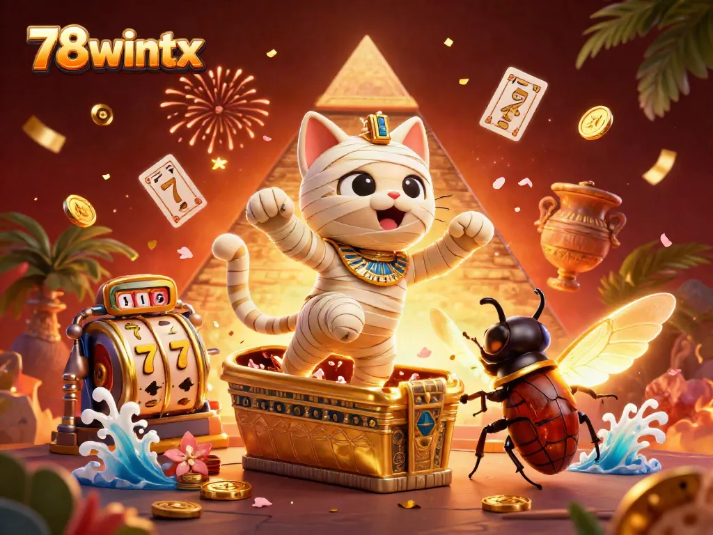 Engage in thrilling casino experiences with 78wintx featuring vibrant mummy cat and golden elements.