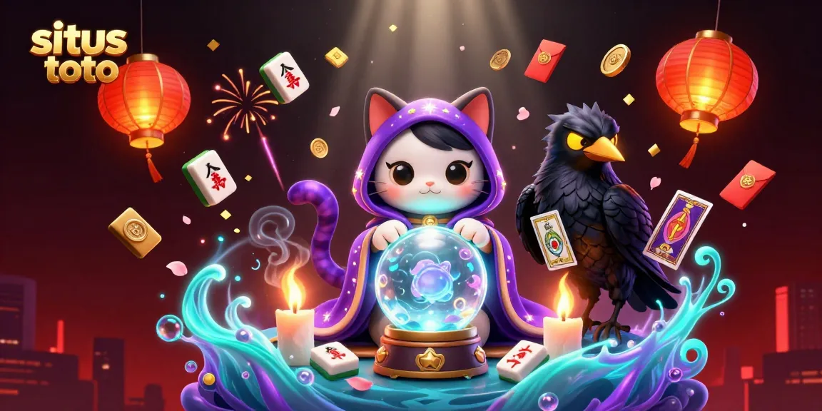 Engage in thrilling situs toto games with a mystical cat and raven in a vibrant casino scene.