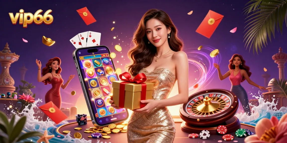 Join the excitement at vip66 as golden coins spill from a festive gift box in this vibrant casino illustration!