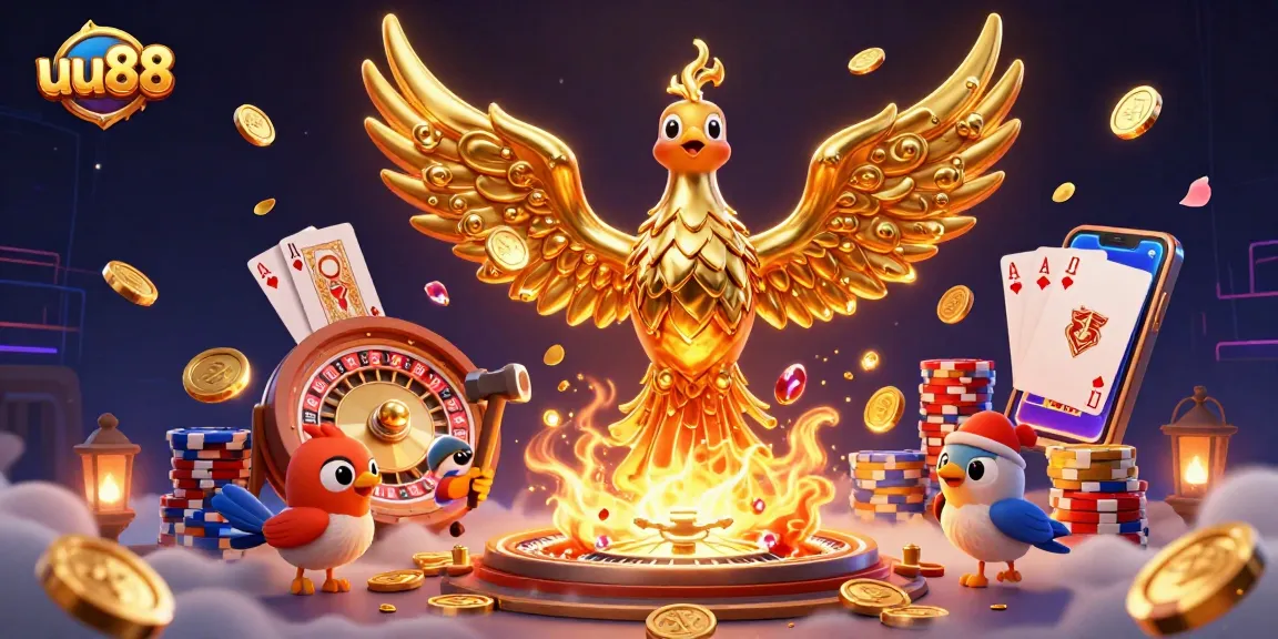 Experience thrilling gameplay at uu88 with a phoenix and gold coins amidst vibrant casino elements.