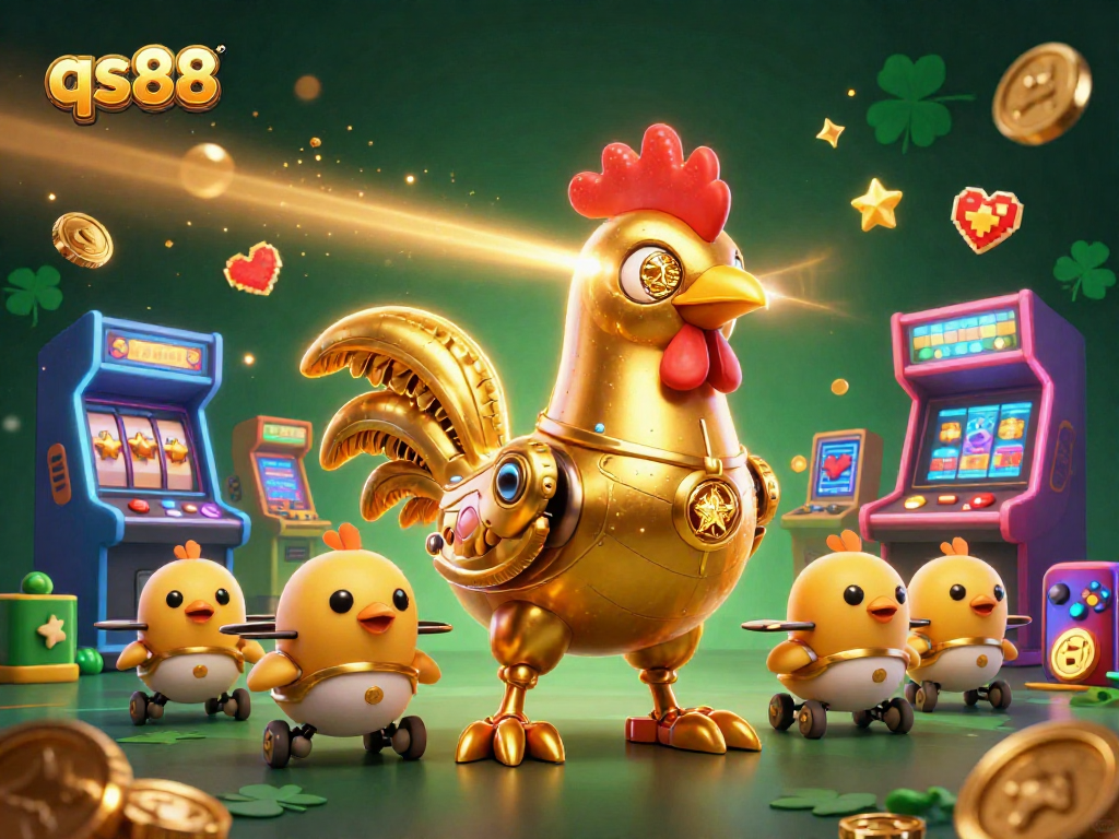 Experience action-packed gaming with qs88's vibrant casino adventure featuring a golden rooster robot.
