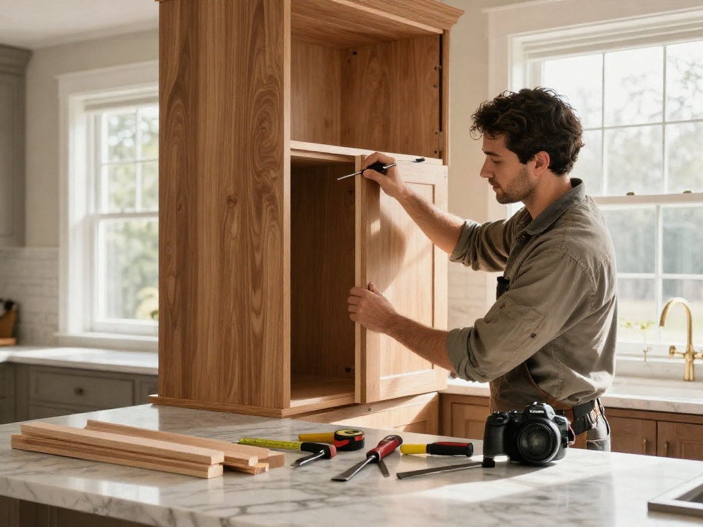 Finish Carpentry in Dover NH - Craftsman installing custom cabinetry, showcasing high-quality craftsmanship.