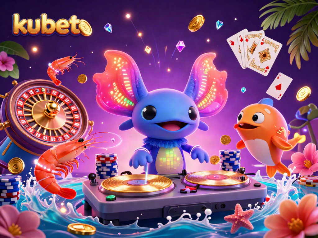 Join the kubet casino party with a vibrant 3D illustration of a DJ axolotl and a lively underwater scene.