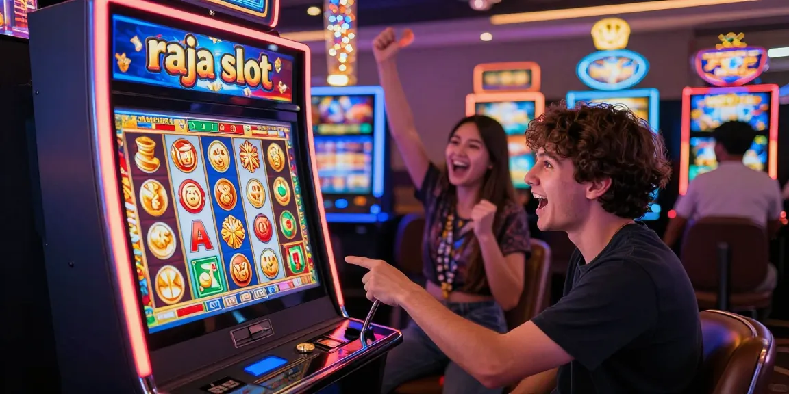 Engaged player excitedly using raja slot machine in vibrant casino setting.