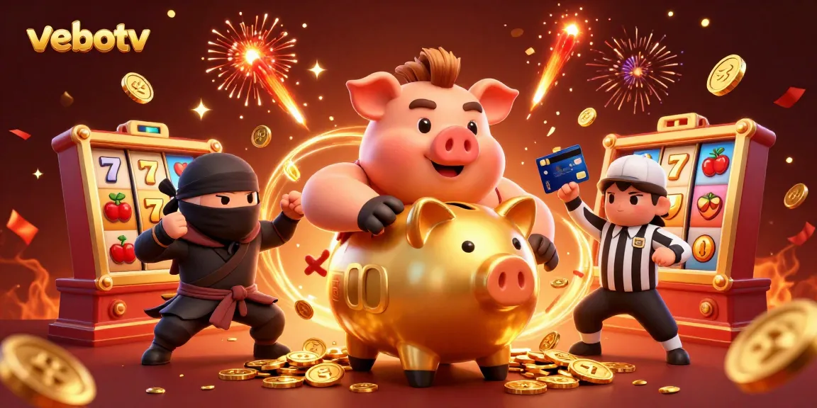 Experience thrilling action with vebotv’s colorful casino scene featuring a sumo wrestler piggy bank.