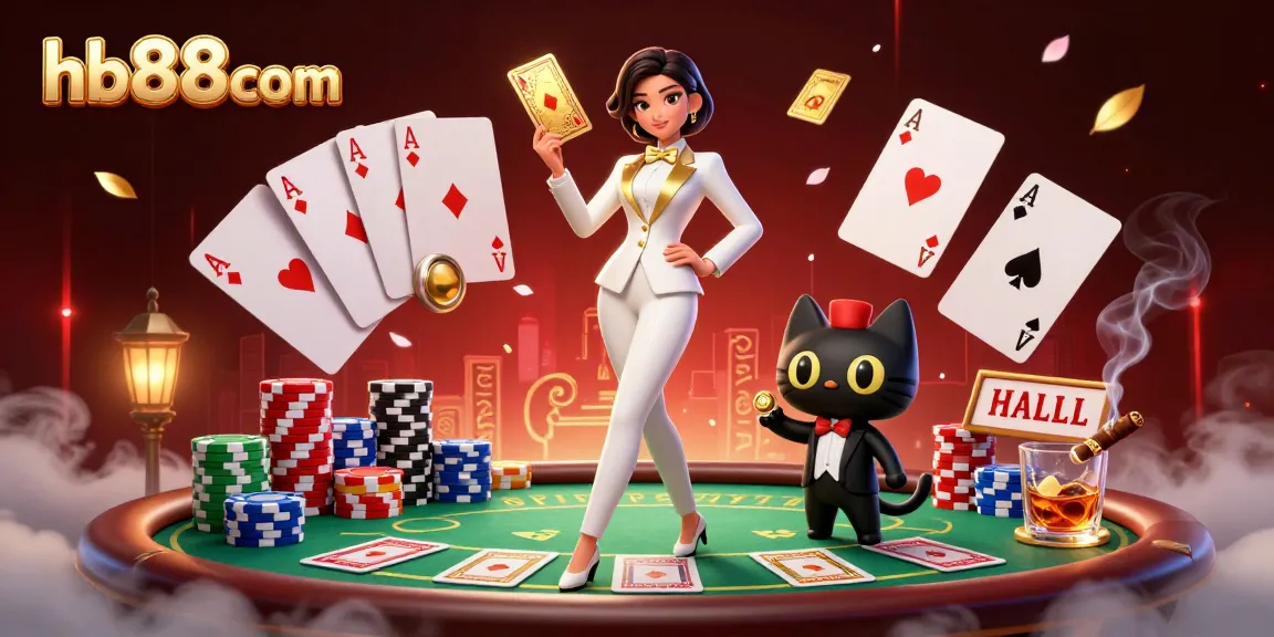 Experience the excitement at hb88com with a glamorous casino scene featuring exciting card games and vibrant poker chips.