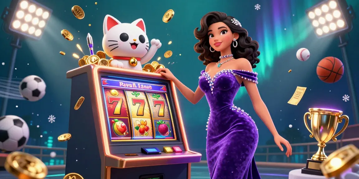 Engage with x88's jackpot allure as a glamorous woman poses beside a vibrant slot machine.