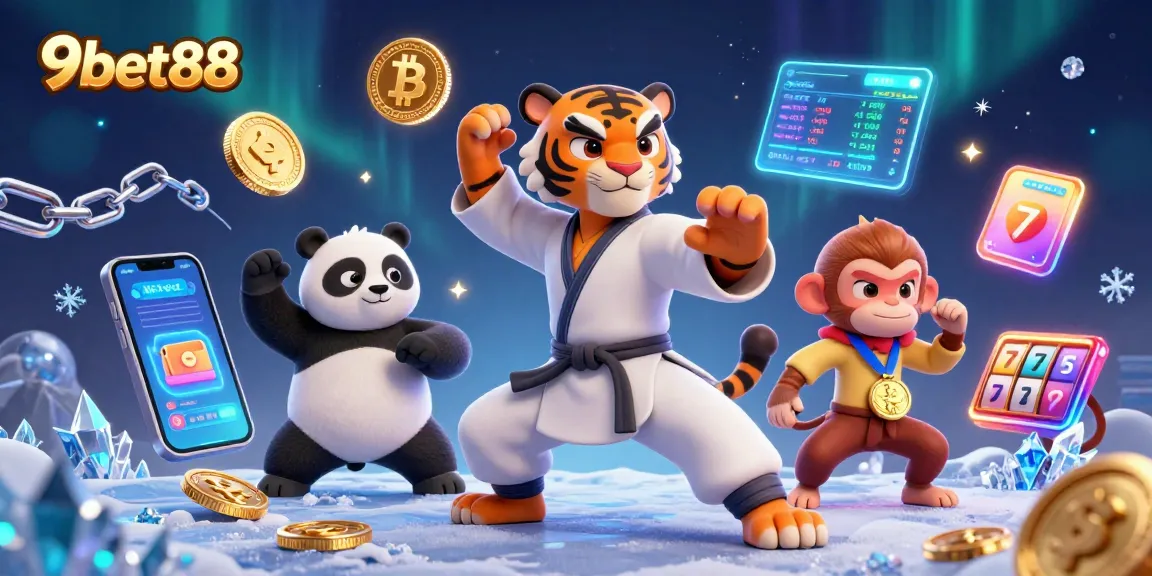 Engage in thrilling casino action with 9bet88's vibrant scene featuring a kung fu tiger, panda disciple, and treasure-stealing monkey.