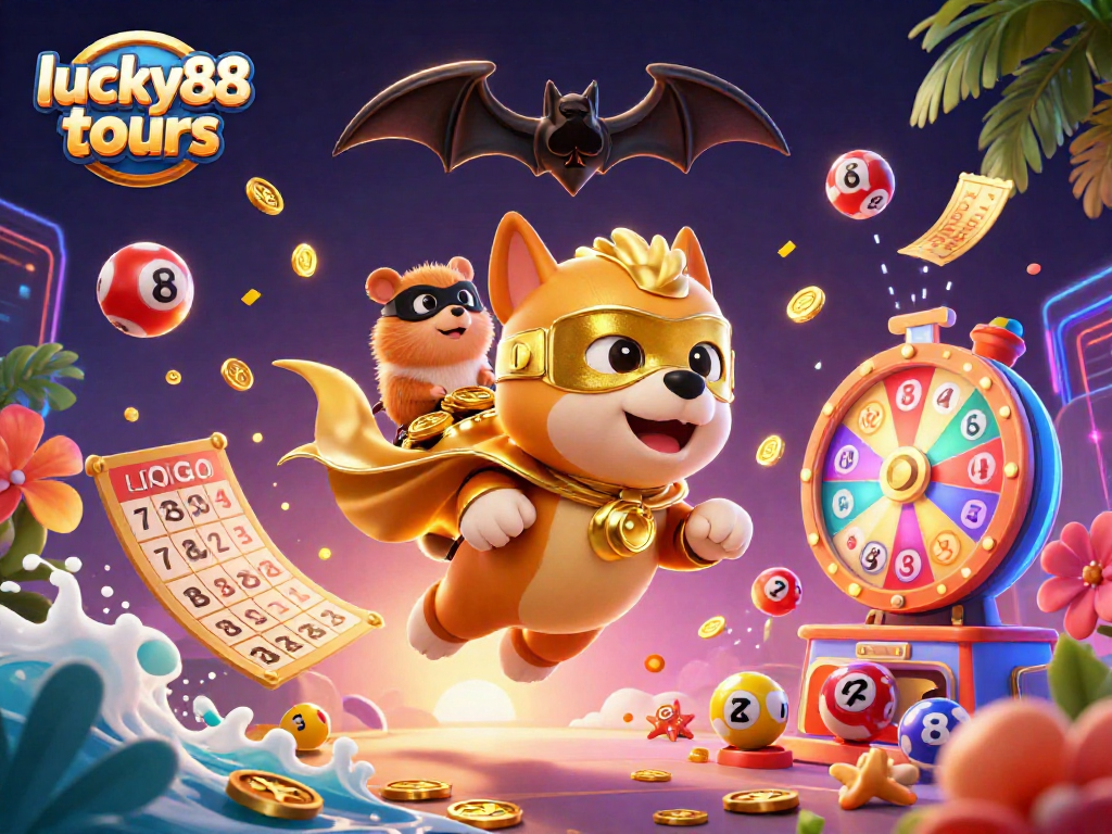 Engage with lucky88 tours featuring a superhero dog and colorful lottery elements in a dynamic casino scene.
