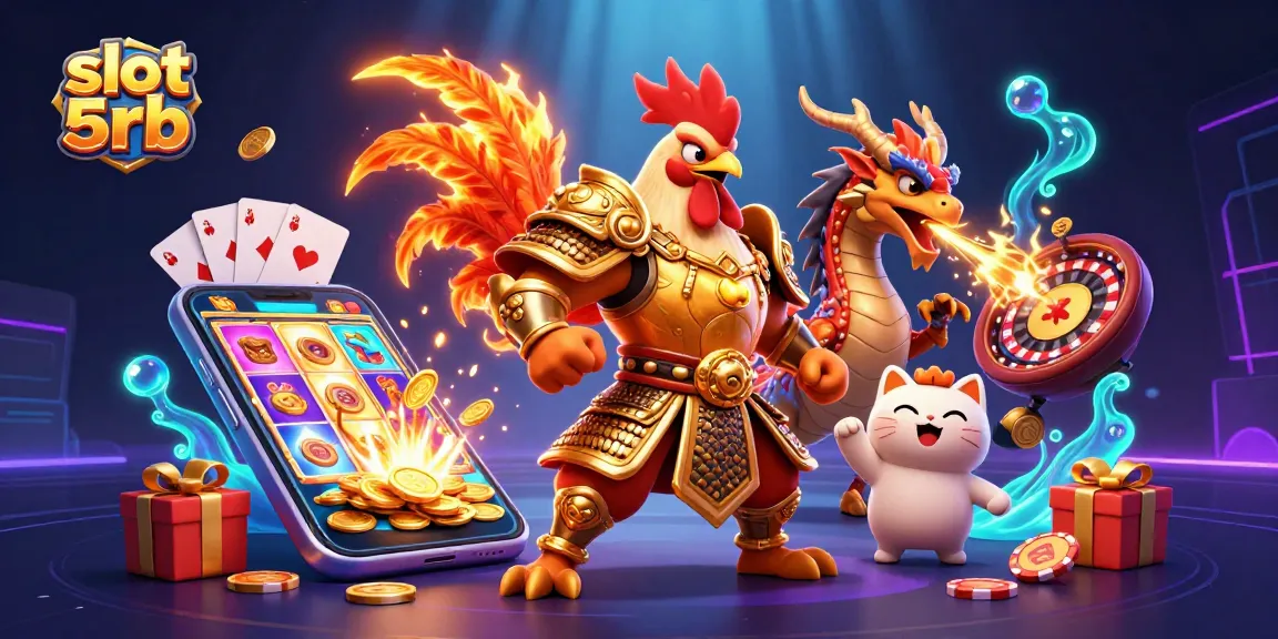 Engage with slot 5rb as a fierce dragon and rooster warrior come to life in a vibrant casino scene.