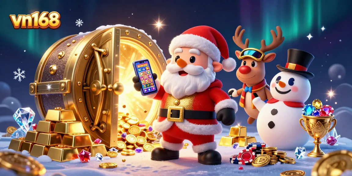 Spin the reels with vn168's festive casino scene featuring jackpot slots and vibrant character dynamics.