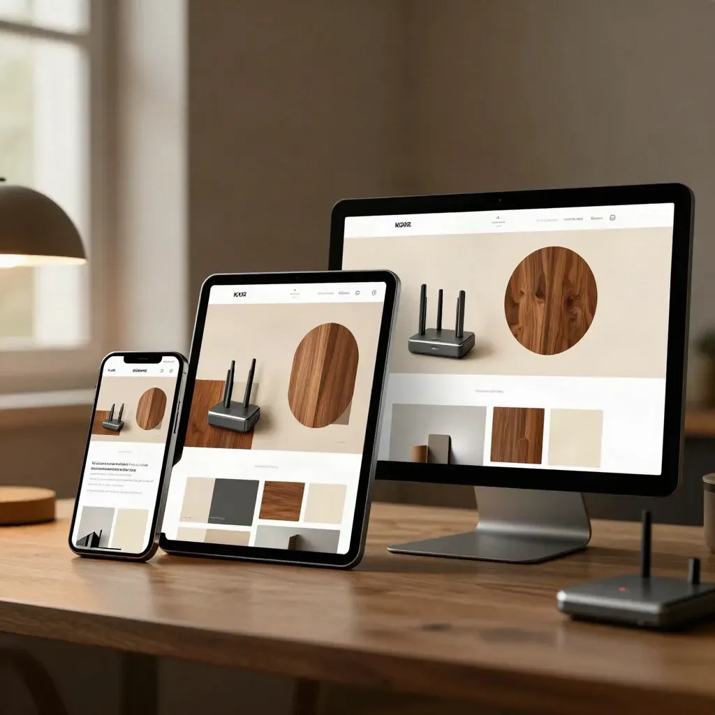 Three devices show matching landing page layouts beside a small router on a warm workbench.