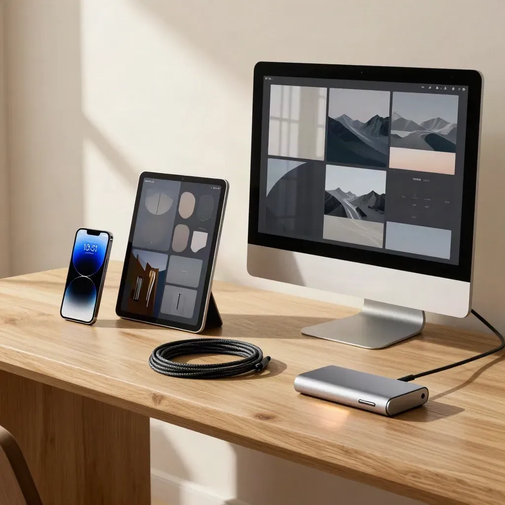 Responsive phone, tablet and desktop on a pale oak bench with warm window light