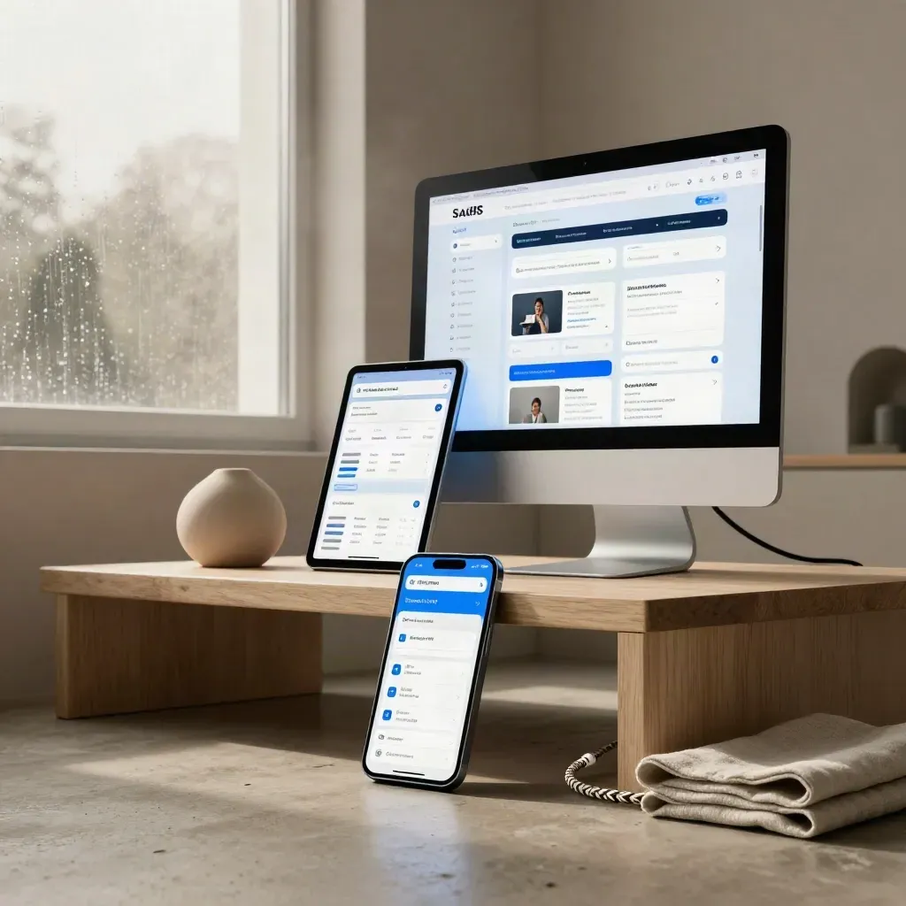 Stacked phone, tablet, and desktop screens glowing in a calm startup studio