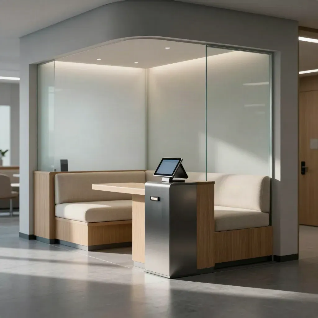 Clinic reception with tablet check-in stand, frosted glass and soft seating under calm daylight.