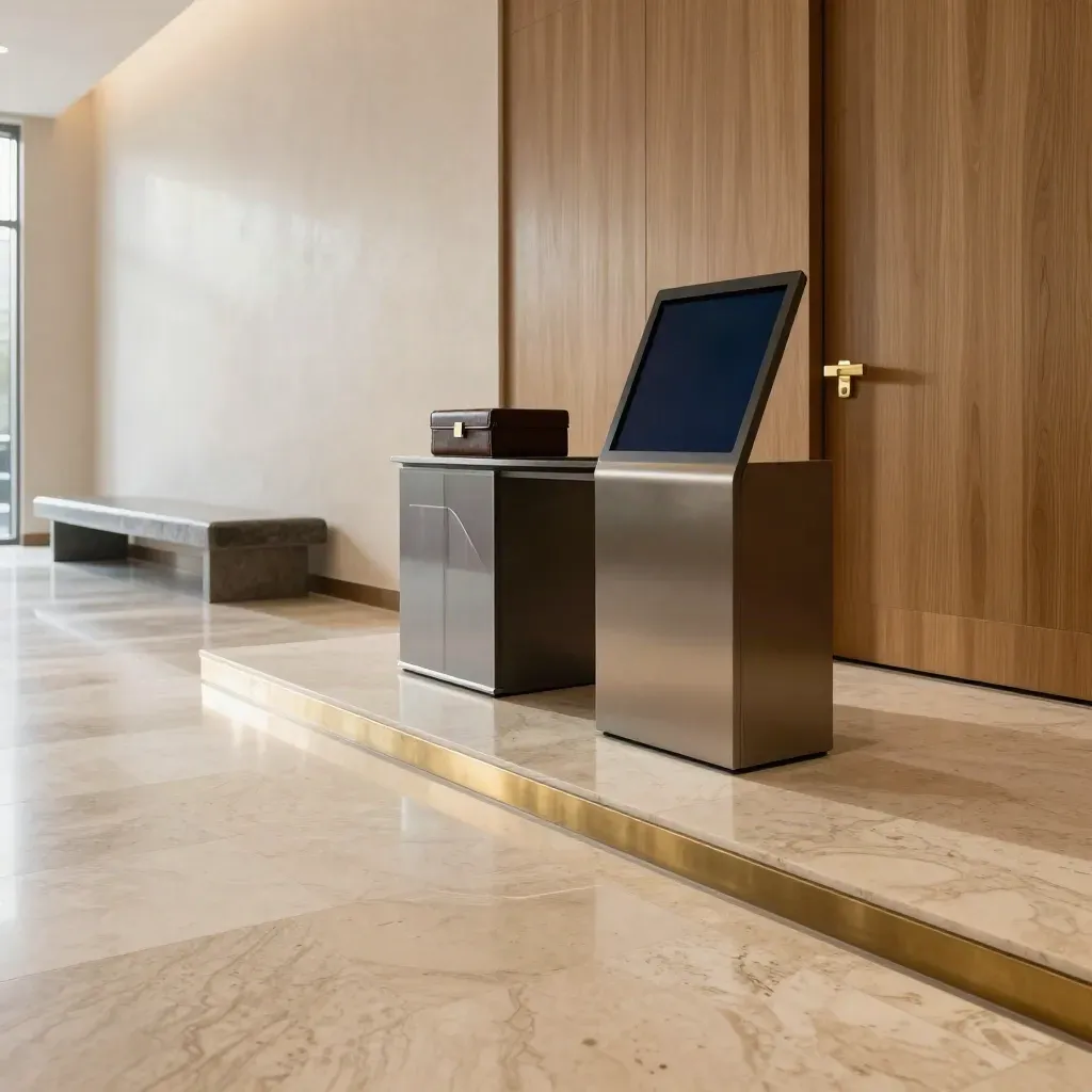 Elegant law firm intake foyer with marble, brass kiosk and portfolio box in warm daylight