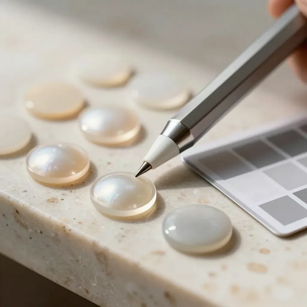 Macro of stylus, color chips, and calibration card on travertine, softly lit in studio.