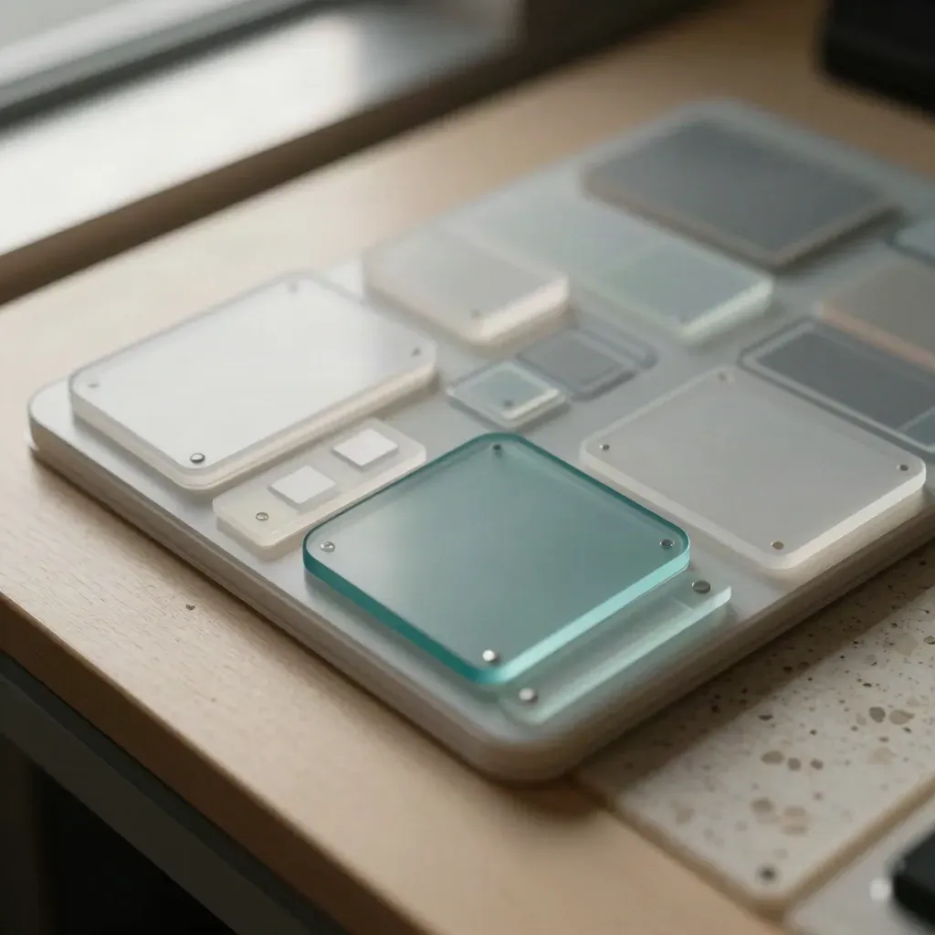 Frosted acrylic UX tokens and rounded interface layers stacked on a travertine bench.