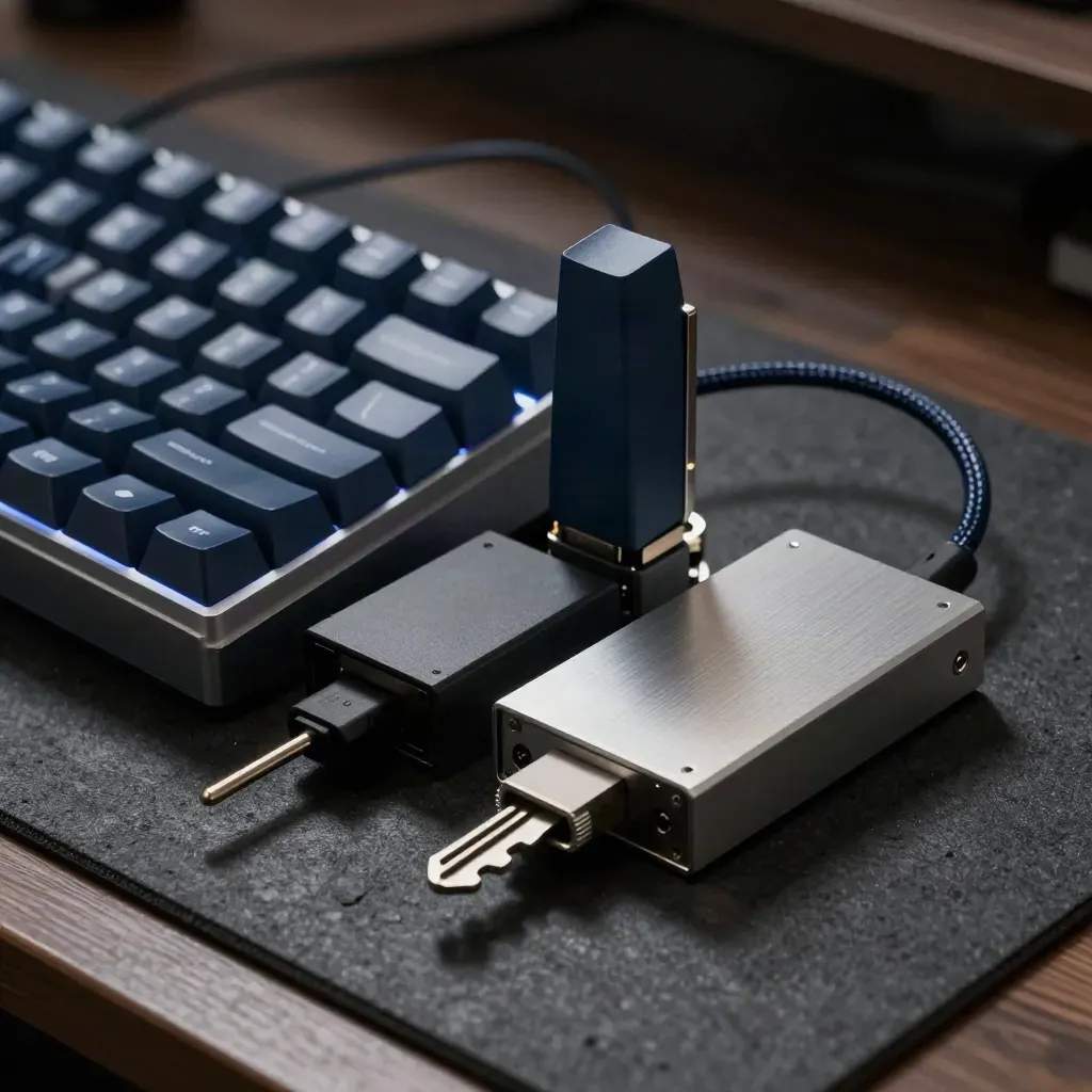 Mechanical keycaps, braided cable, SSD and anodized hub on a charcoal slab under dramatic rim light.