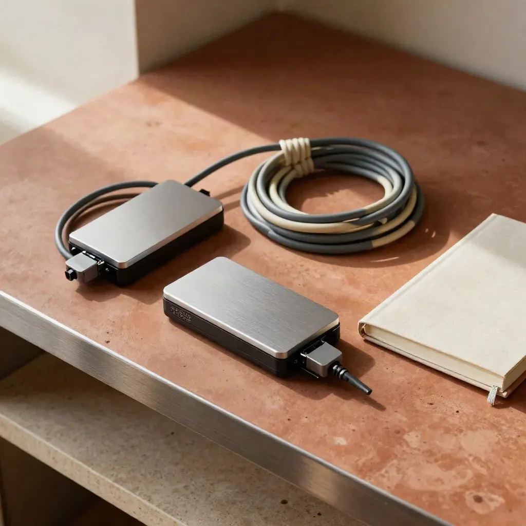 Overhead still life of router, drives, patch cords and a closed notebook on terracotta.