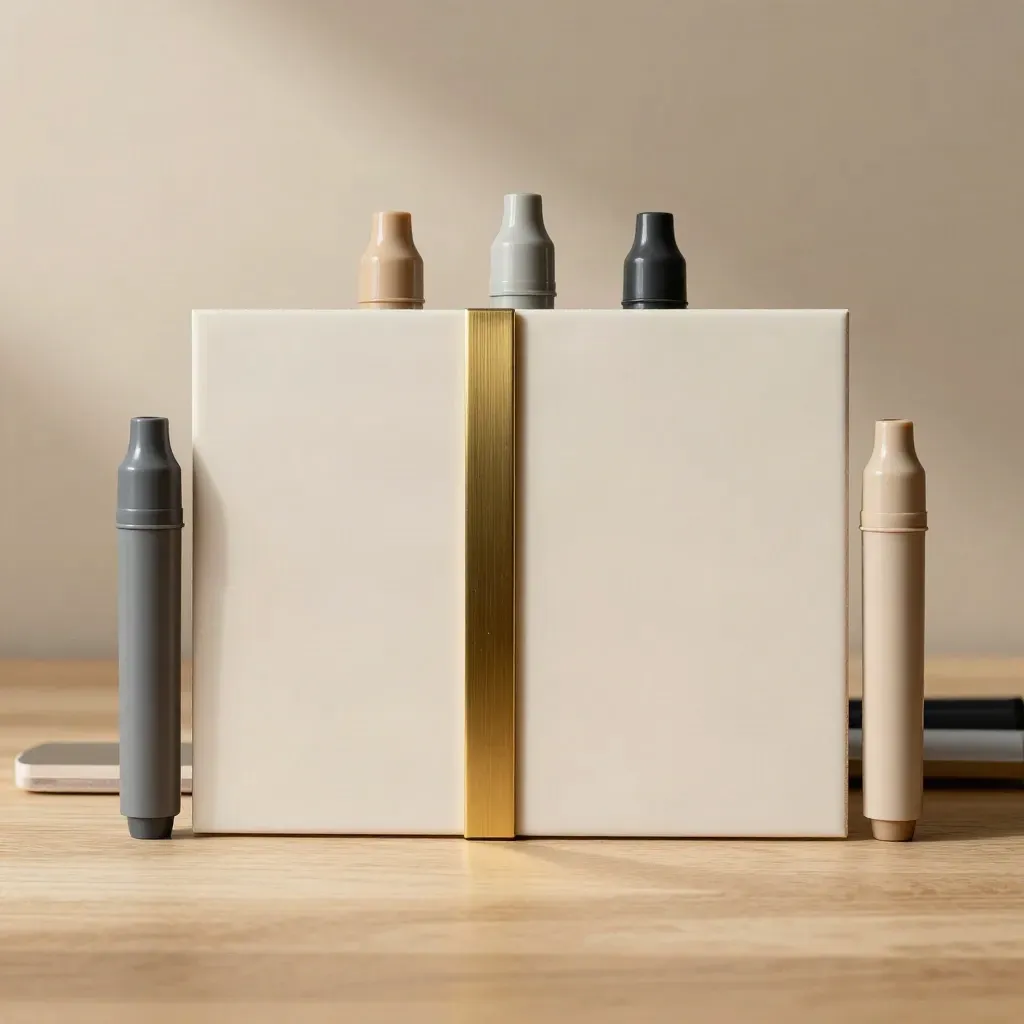 Brass divider and markers with cream tiles mapped on pale oak, overhead
