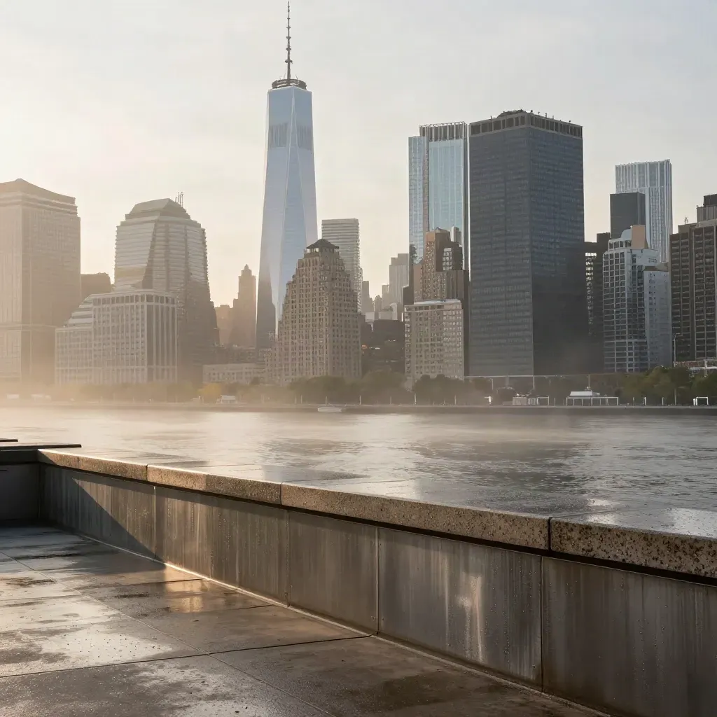 New York skyline over the East River in soft morning haze from a wet rooftop