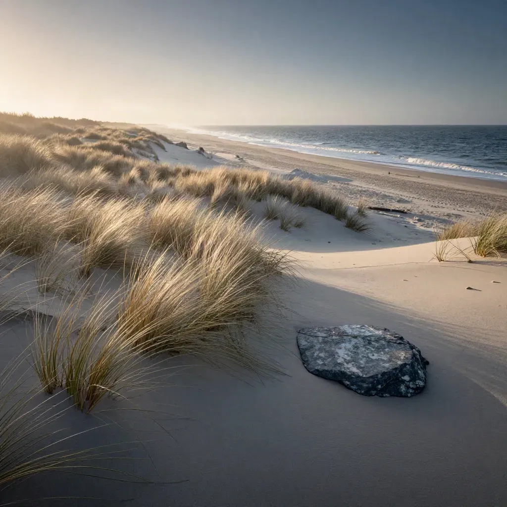 Long Island dune grass, bluffs, and Atlantic surf at dawn under soft haze