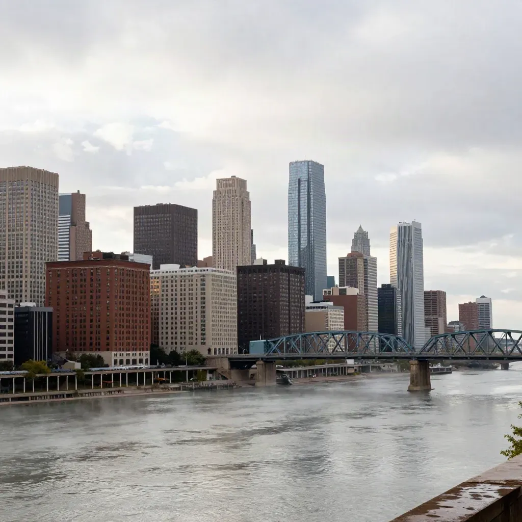 Elevated river city skyline with bridges, mist, and bright post-rain sky