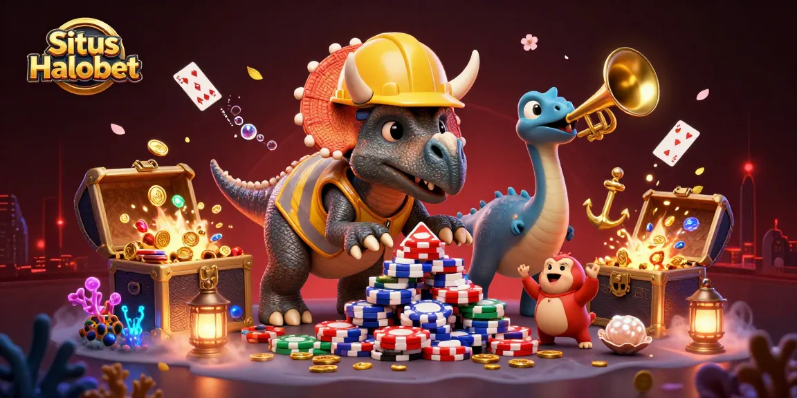 Situs Halobet showcases thrilling gaming moments with a fun 3D illustration of dinosaurs celebrating victory.
