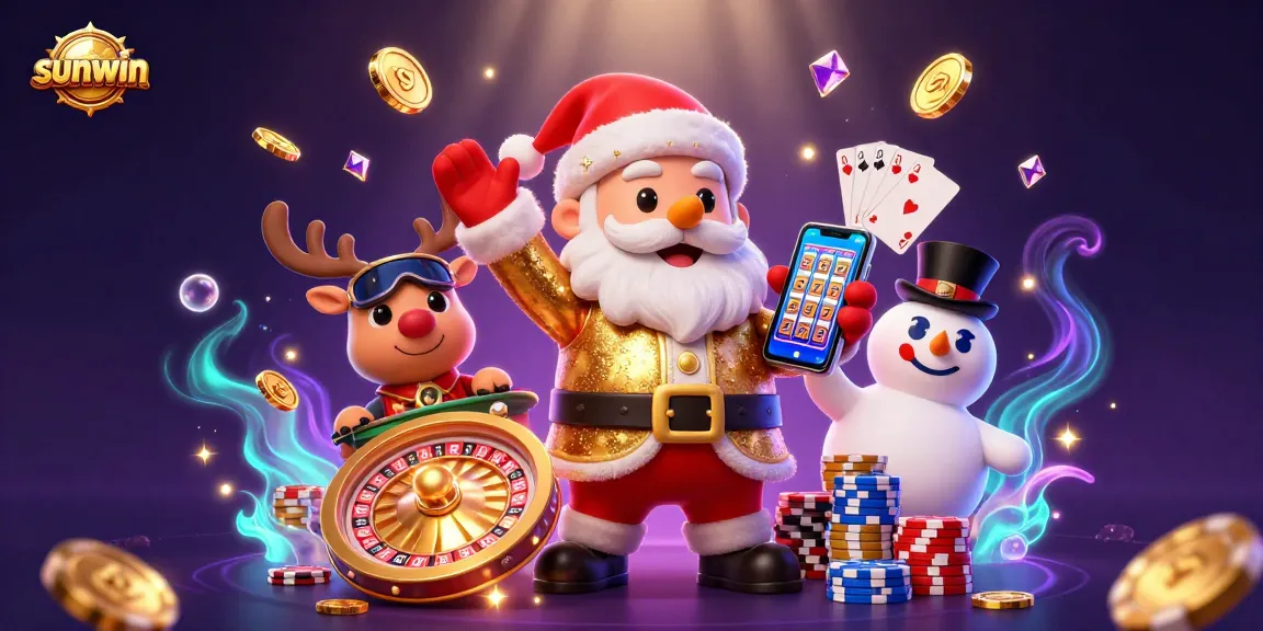 Win big with sunwin's festive casino experience featuring Santa, reindeer, and poker chip snowman!
