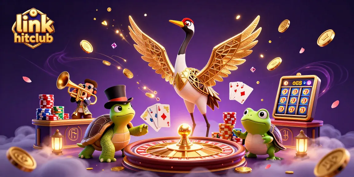 Play to win at link hitclub, a vibrant casino illustration showcasing iconic gaming elements and characters.